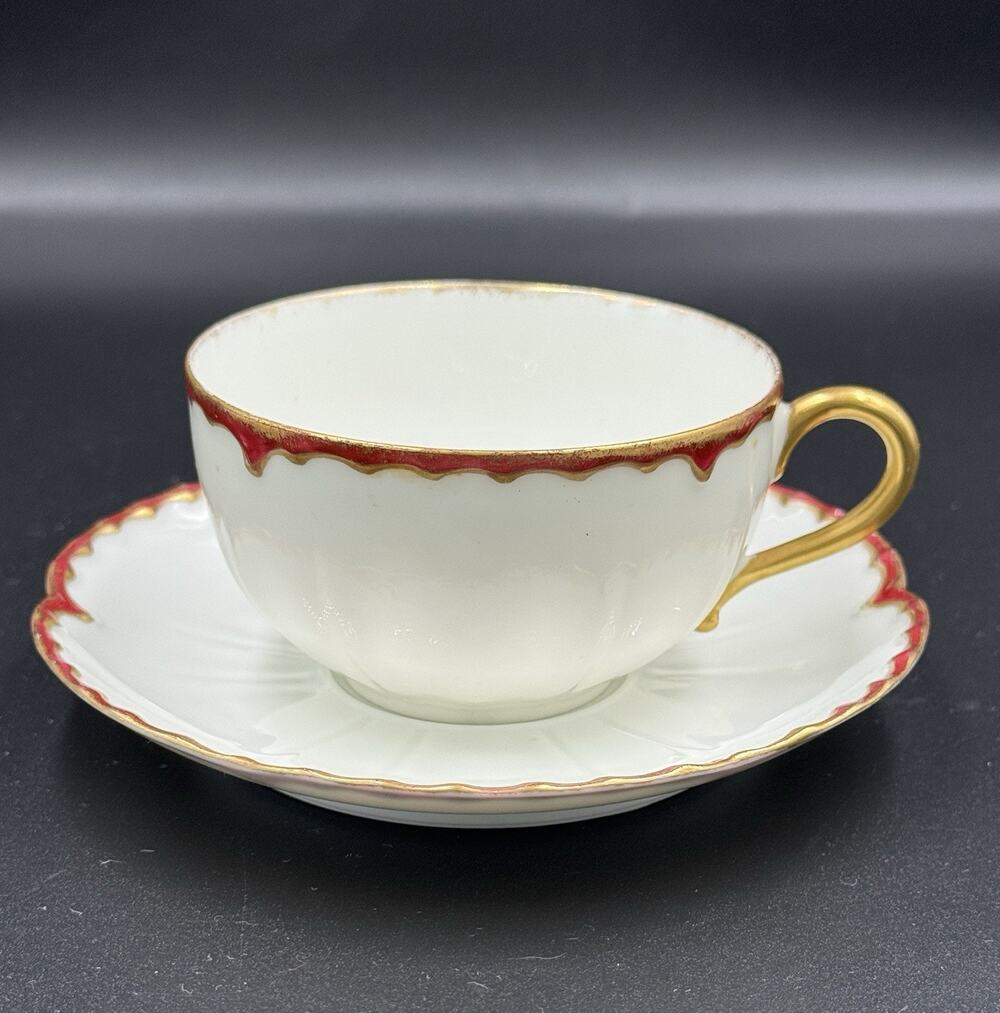 Haviland Limoges France Teacup & Saucer Crimson Red Gold Missouri Glass c1900’s